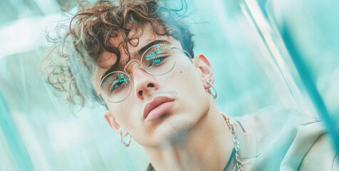 Young man with glasses gazes intently through lens reflections, conceptual portrait © dvoevnore