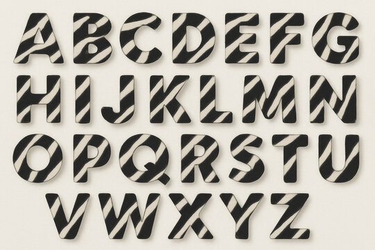 Animal print alphabet letters in zebra pattern, black and white, background