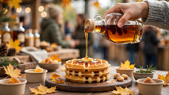 A person pouring rich amber maple syrup from a glass jug onto a stack of fresh waffles with butter at an autumn community food festival.
