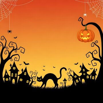 Haunted Halloween night landscape with spooky houses silhouette black cat and glowing pumpkin under orange sky for holiday Happy Halloween