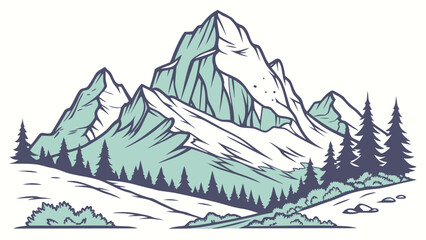 Fototapeta premium Mountain landscape illustration with evergreen forest and path