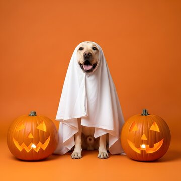 Cute labrador retriever dog wearing white sheet ghost costume sitting between two glowing carved pumpkins on orange backdrop Happy Halloween
