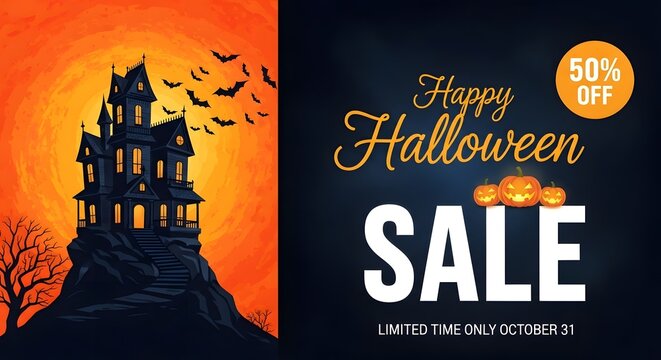 Haunted mansion illustration with bats and full moon for halloween sale flyer with fifty percent off discount text Happy Halloween