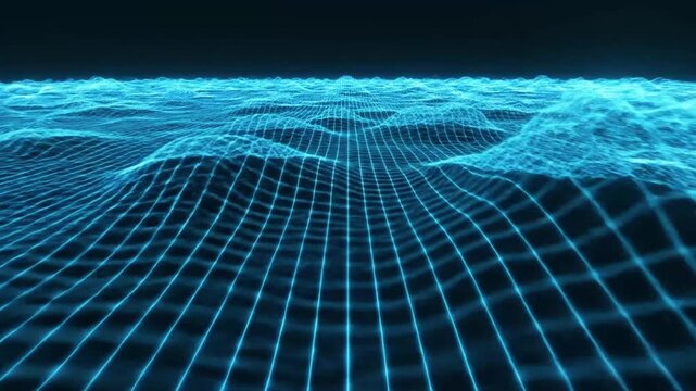 Abstract blue digital mesh over wavy surface creating a futuristic grid landscape.