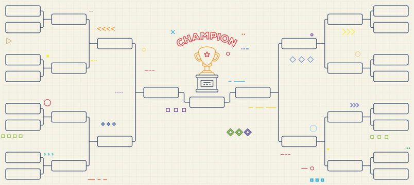 Sport game tournament contest stage bracket board on school notebook sheet at a box pattern. Kids tournament gold champion trophy prize. Tournament for 16 players or teams template event or playoff.