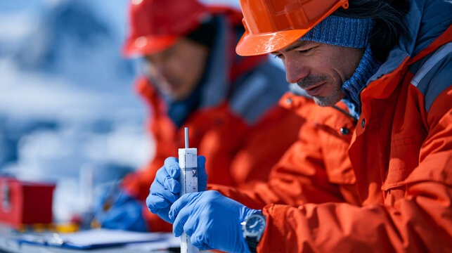 Scientists collecting ice core samples from an Antarctic glacier, climate research and data collection, defocused icy landscape in background, ice core climate research concept