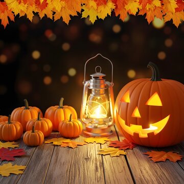 Glowing jack o lantern with rustic lantern and fall leaves on wooden table under maple leaf canopy for halloween theme Happy Halloween