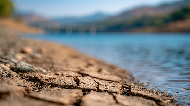 Freshwater reservoir surrounded by dry hills during a drought period, water scarcity management concept, defocused dry hills in background, drought reservoir water concept