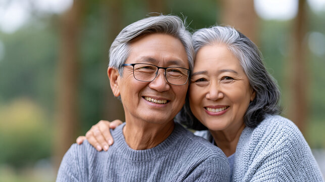 Portrait of an East Asian senior couple with warm smiles, intergenerational love and connection, defocused natural setting in background, East Asian senior couple portrait concept