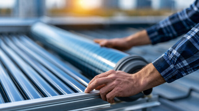 Faceless person assembling a DIY solar water heater on a rooftop, self-sufficient green energy concept, defocused rooftop in background, DIY solar water heater concept