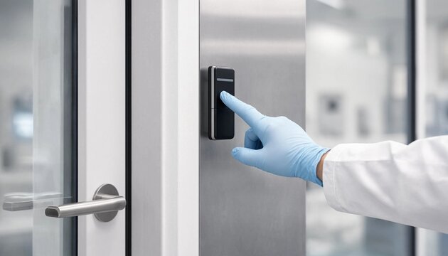 Person in glove using an electronic access control reader or biometric scanner to unlock a modern office door
