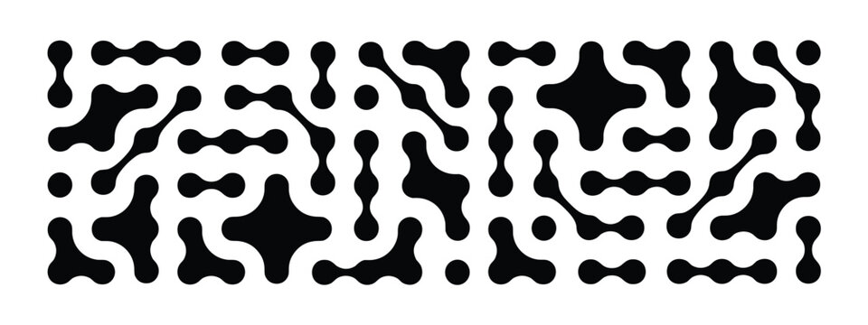 Black and white abstract pattern of interconnected rounded blobs, organic fluid shapes and linked circular forms on a white background