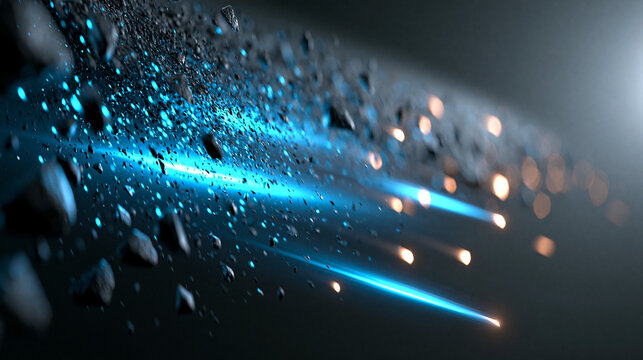 Blaue Lichtspuren und Gesteinsbrocken rasen durch dunklen Raum
