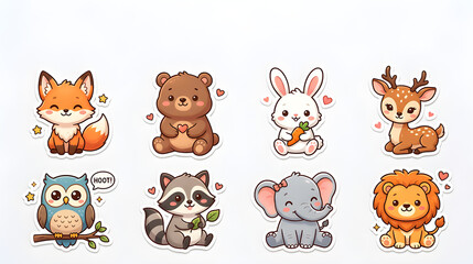 Fototapeta premium Large collection of adorable baby animal stickers including fox, bear, bunny, deer, owl, raccoon, elephant and lion, matching kawaii style, isolated on white background, clean composition, copy space,