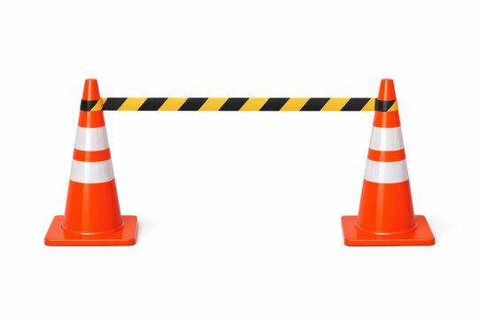 Two orange traffic cones connected with yellow and black caution tape.