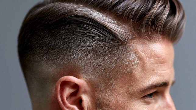 Junger Mann tr&auml;gt gestylten Undercut mit rasiertem Fade vor grauem Hintergrund
