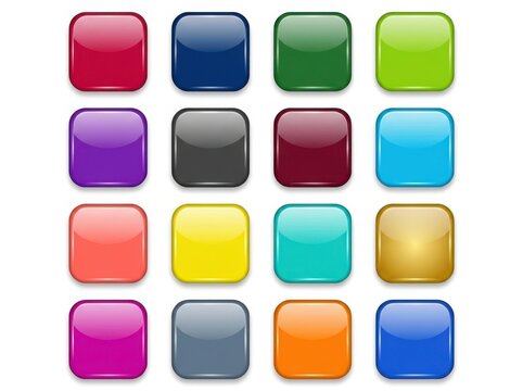 Collection of sixteen glossy square app buttons with rounded corners in various colors.