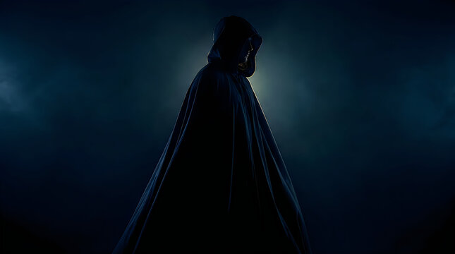 Mysterious person wearing a dark hooded cloak in the night illustration
