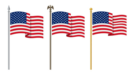 Fototapeta premium American flags on metal poles stand in a row against a clean white background.