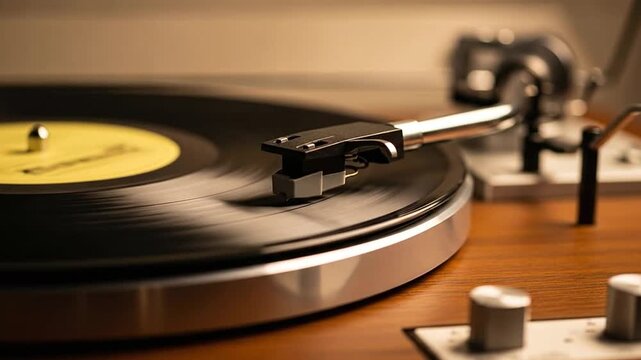 A close up view of a vintage record player spinning a black vinyl disc