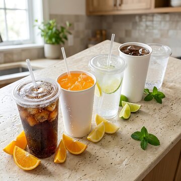 Three refreshing cold iced drinks with orange slices and mint leaves on a kitchen counter at home. fountain soda cup