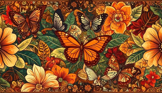 Elegant Tropical Batik Ornament with Butterflies Flowers and Leaves