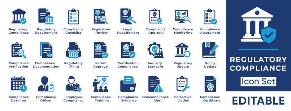Regulatory compliance icon set featuring legal requirements, monitoring, assessment, documentation, certification, policy updates, training, and corrective action symbols.