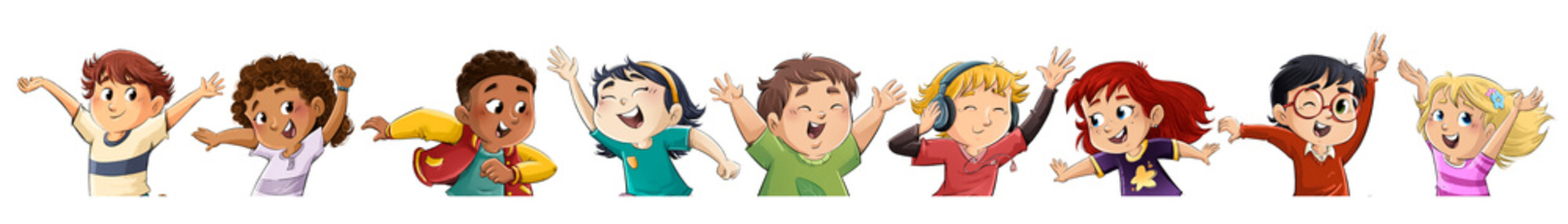 Group of cheerful children of different ethnicities, isolated illustration