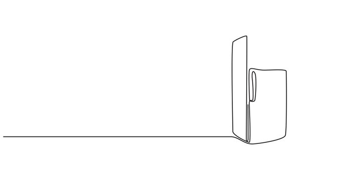 Animated self drawing of single continuous line draw luxury refrigerator household utensil. Electronic home appliance concept. Full length one line animation illustration. pro