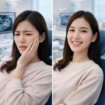 Before and after dental treatment. Painful toothache. For oral health, dentistry, cosmetic dentistry, dental hygiene, patient satisfaction, and healthcare improvement