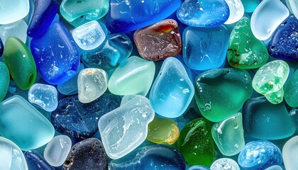 Fototapeta premium Vibrant Sea Glass Pebbles in Blue Green Array.