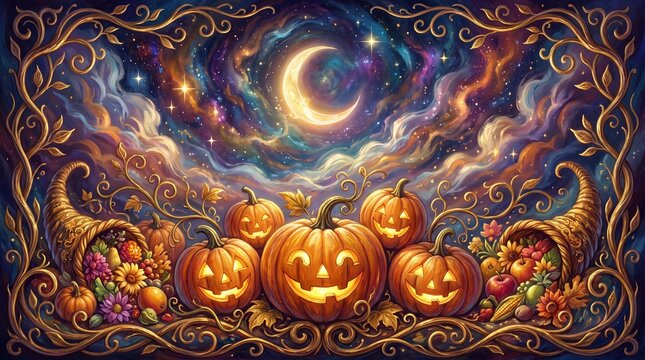 Ethereal jack o lanterns surrounded by golden swirling vines under a radiant celestial night sky with cornucopias against backdrop between ornate cornucopias