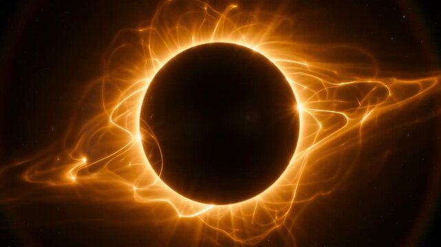 Glowing solar eclipse animation featuring swirling golden plasma rings against a dark deep space video background