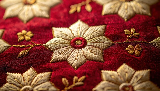 Luxurious gold embroidered stars on red textile.