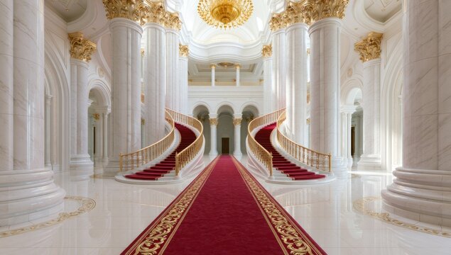 Grand palace hall with red carpet and marble columns.