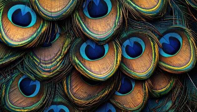 Close Up Peacock Feather Eye Pattern Iridescent Plumage.
