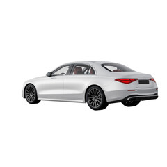 Naklejka premium Sedan car in a bright silver finish is captured from a rear three-quarter angle to highlight its tail lights and sleek body lines.