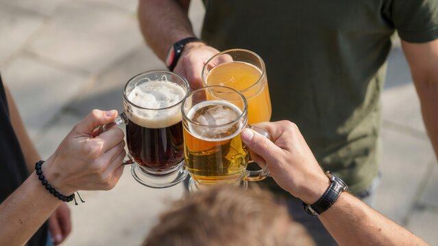 Group of friends toasting with various beers in outdoor setting