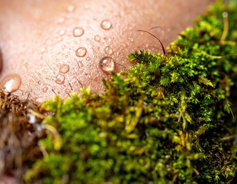 Close Up of Moss with Dew Droplets on Natural Surface.