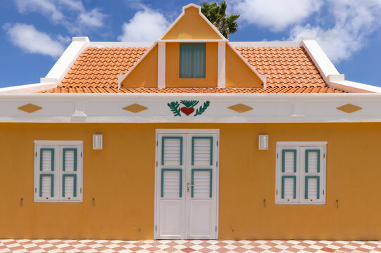 Colorful Dutch colonial style architecture facades in downtown Oranjestad Aruba