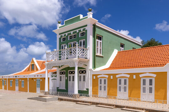 Colorful Dutch colonial style architecture facades in downtown Oranjestad Aruba
