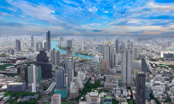 Panoramic view of Bangkok skyline downtown in business financial center