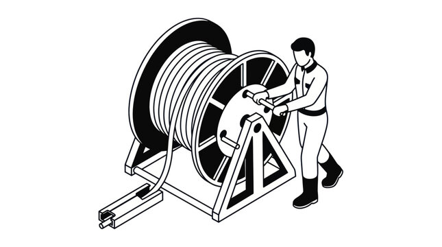 Technician handling large industrial cable reel isometric drawing.