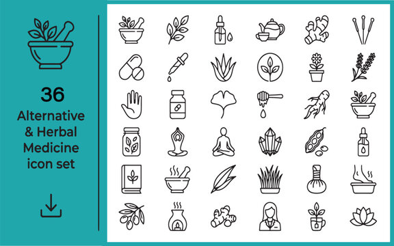 Alternative medicine herbal remedies icon set 36 line art graphics