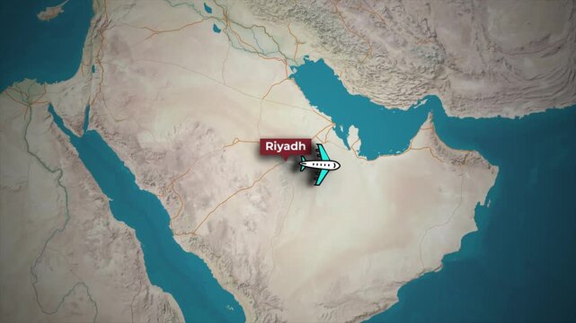 Flight Path Animation from Riyadh to Kuala Lumpur on 3D Topographic Map