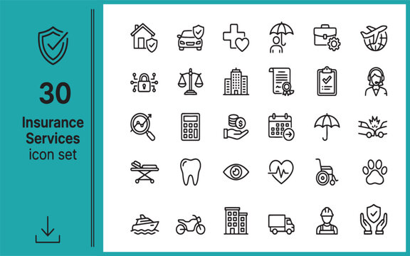 Insurance services icon set 30 line icons for protection health and finance