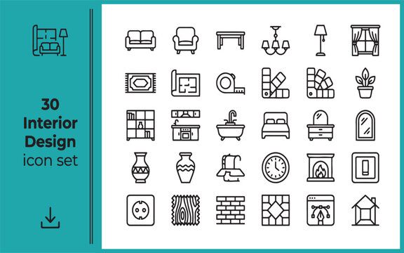 Interior design icon set 30 minimalist black line icons for home decor projects