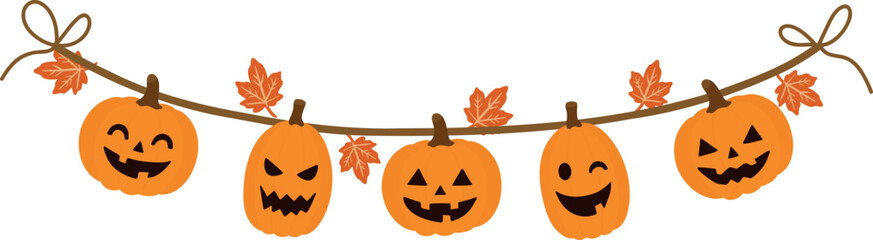 Cute Halloween pumpkin garland with smiling jack o lantern faces and autumn leaves. Flat vector illustration isolated on transparent background for party decorations and seasonal designs. © Katerina