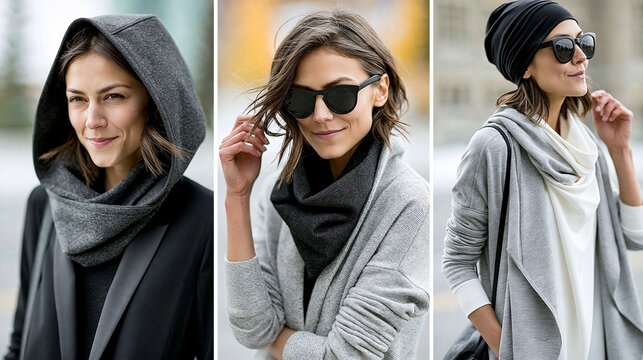Frau im grauen Cape-Look posiert dreifach in urbaner Mode-Collage