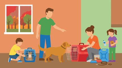 Family Preparing for Evacuation with Pets During Emergency
